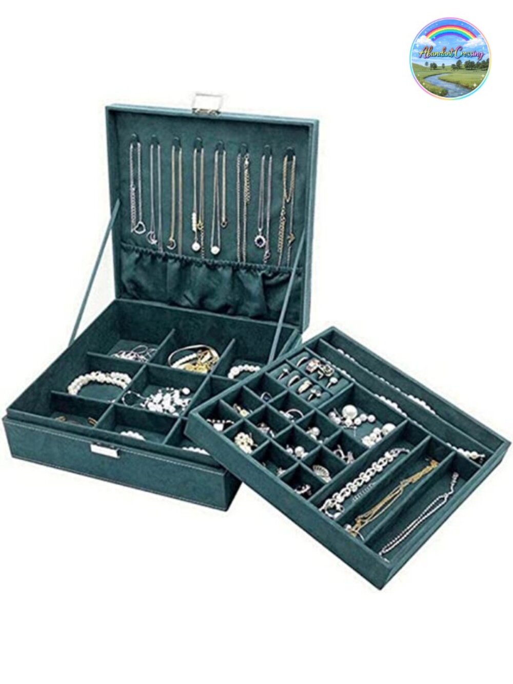 Velvet Jewelry Box Organizer 2-Layer 27 Compartments Necklace Hooks Women